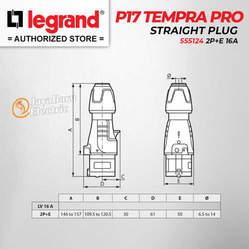 Legrand Straight Plug 2P+E / 3 Pin 16A P17 Tempra Pro 555124