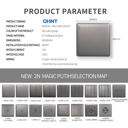CHINT NEW2N-Gray Black 2-gang 1-way switch/saklar
