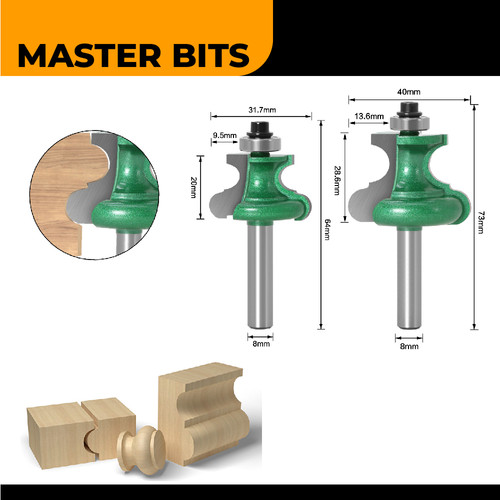 MASTER BIT MATA PROFIL ROUTER HALF MULTI-ARC CUTTER W/ BEARING 2PC 8MM