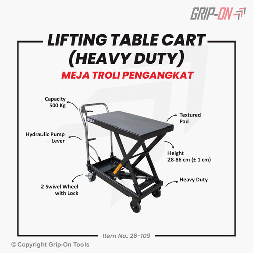 GRIP-ON LIFTING TABLE CART HEAVY DUTY 500 KG - GRIP-ON MEJA TROLI PENGANGKAT 500 KG - TROLI SEKALIGUS MEJA PENGANGKAT BARANG HIDROLIK