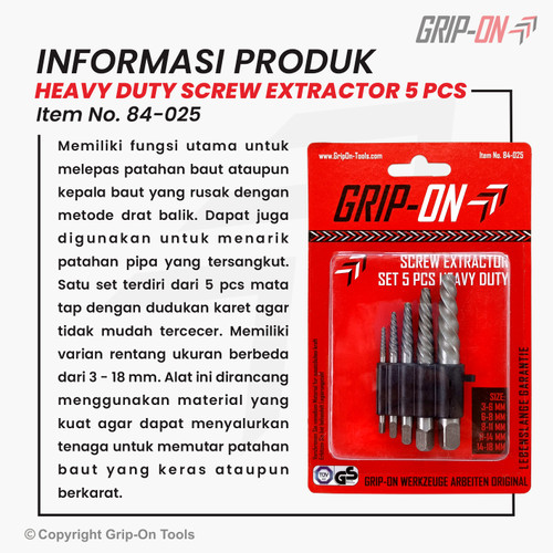 GRIP-ON HEAVY DUTY SCREW EXTRACTOR TAP BALIK KELAS BERAT SET 5 PCS