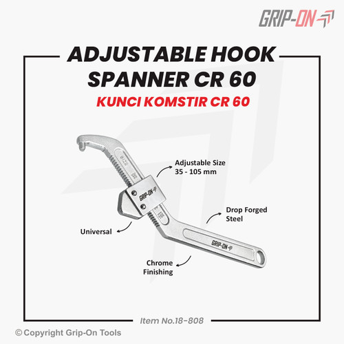 GRIP-ON ADJUSTABLE HOOK SPANNER CR 60 KUNCI MUR KOMSTIR UKURAN BESAR