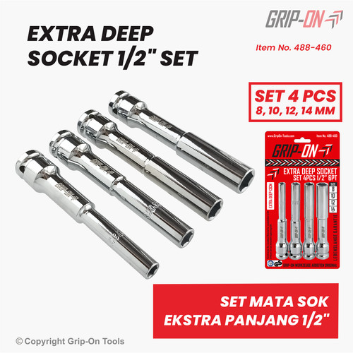 GRIP-ON PAKET DEEP SOCKET 1/2" EXTRA LONG SET 4 PCS - GRIP-ON SET MATA SOK EXTRA PANJANG 4 PCS UKURAN 8MM 10MM 12MM 14MM