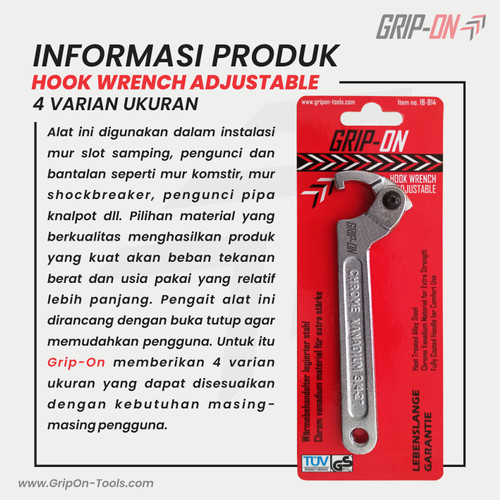 GRIP-ON HOOK WRENCH ADJUSTABLE KUNCI KOMSTIR FLEXIBLE 1 1/4 - 3 IN