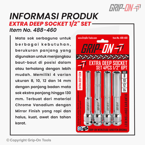GRIP-ON PAKET DEEP SOCKET 1/2" EXTRA LONG SET 4 PCS - GRIP-ON SET MATA SOK EXTRA PANJANG 4 PCS UKURAN 8MM 10MM 12MM 14MM