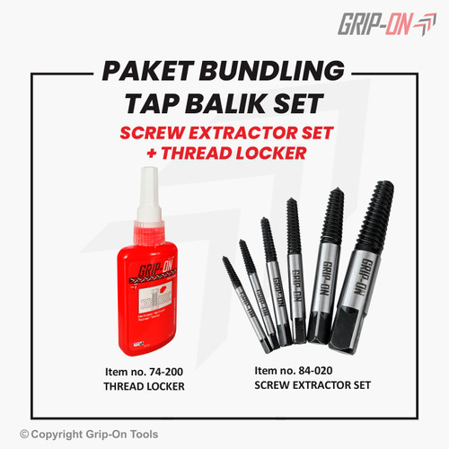 GRIP-ON PAKET SERVIS BUKA DAN LEM BAUT MUR SEKRUP RUSAK PATAH SCREW EXTRACTOR SET (6PCS) / TAP BALIK SET 6 PCS DAN THREAD LOCKER