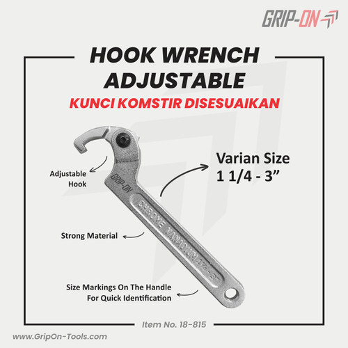 GRIP-ON HOOK WRENCH ADJUSTABLE KUNCI KOMSTIR FLEXIBLE 1 1/4 - 3 IN