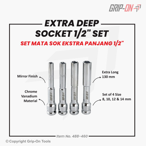 GRIP-ON PAKET DEEP SOCKET 1/2" EXTRA LONG SET 4 PCS - GRIP-ON SET MATA SOK EXTRA PANJANG 4 PCS UKURAN 8MM 10MM 12MM 14MM