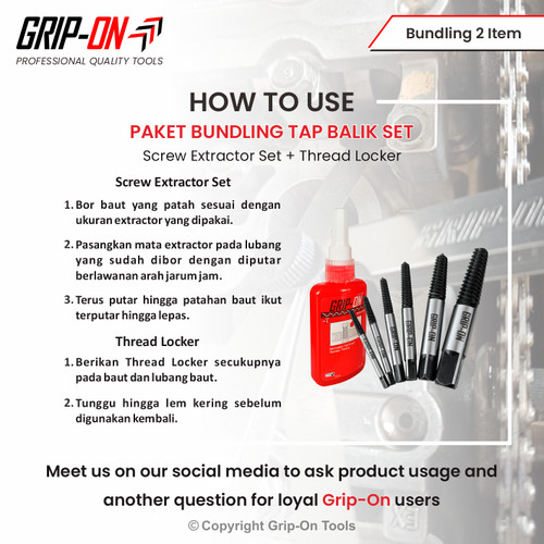 GRIP-ON PAKET SERVIS BUKA DAN LEM BAUT MUR SEKRUP RUSAK PATAH SCREW EXTRACTOR SET (6PCS) / TAP BALIK SET 6 PCS DAN THREAD LOCKER
