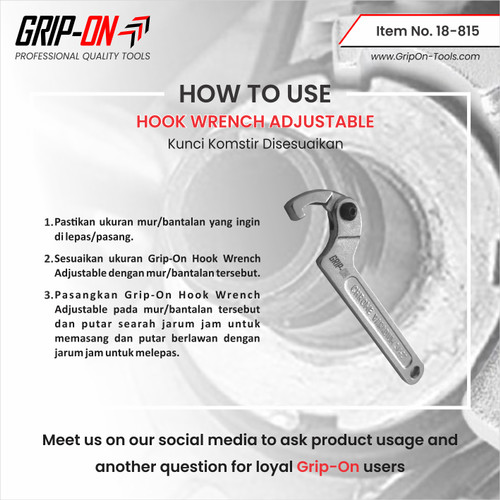 GRIP-ON HOOK WRENCH ADJUSTABLE KUNCI KOMSTIR FLEXIBLE 1 1/4 - 3 IN