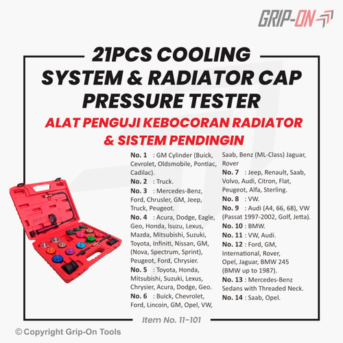 GRIP-ON 21-PC COOLING SYSTEM & RADIATOR CAP PRESSURE TESTER 21 PCS SET