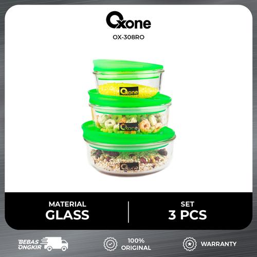 Oxone OX308RO Round Storage Wadah Makanan Kaca Kedap Udara 3 pcs