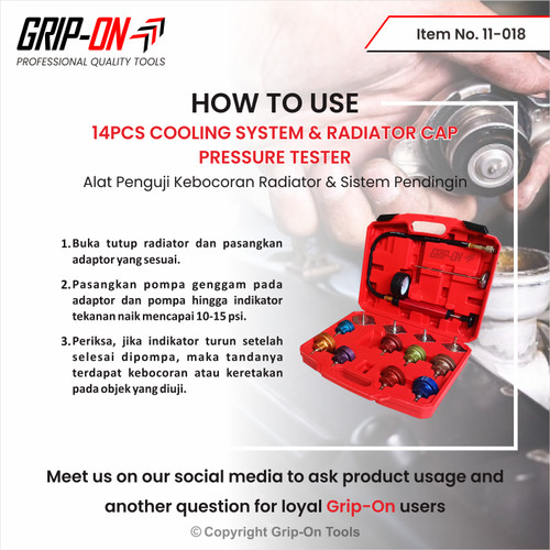 GRIP-ON 14-PC COOLING SYSTEM & RADIATOR CAP PRESSURE TESTER 14 PCS SET