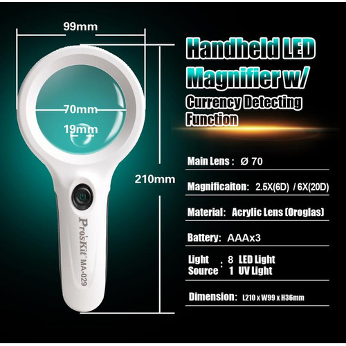 Proskit Magnifier Kaca Pembesar 8 LED 6X Dan 2,5X 70mm PRO'SKIT MA-029