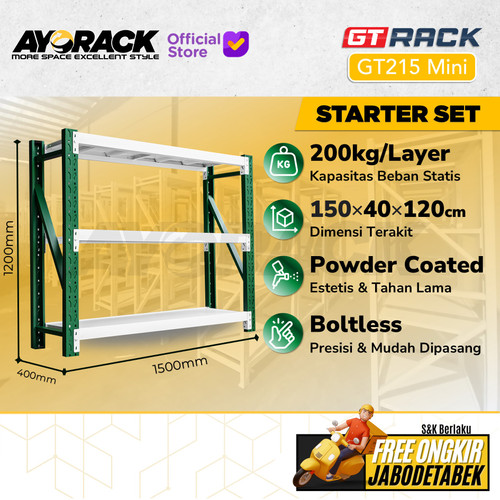 RAK GUDANG BESI GT RACK GT215 MINI – WAREHOUSE RACK 200KG TINGGI 3 SUSUN 1.2 METER LEBAR 40CM PANJANG 1.5 M - STARTER