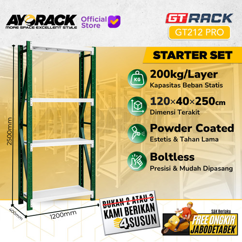 RAK GUDANG BESI GT RACK GT212 PRO – WAREHOUSE RACK 200KG TINGGI 4 SUSUN 2.5 METER LEBAR 40CM PANJANG 1.2M - STARTER