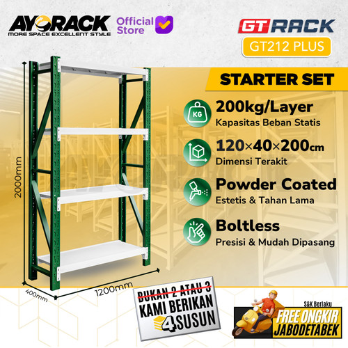 RAK GUDANG BESI GT RACK GT212 PLUS – WAREHOUSE RACK 200KG TINGGI 4 SUSUN 2 METER LEBAR 40CM PANJANG 1.2M - STARTER