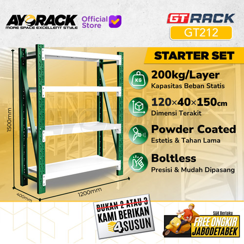 RAK GUDANG BESI GT RACK GT212 – WAREHOUSE RACK 200KG TINGGI 4 SUSUN 1.5 METER LEBAR 40CM PANJANG 1.2M - STARTER