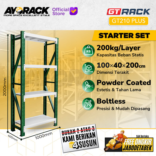 RAK GUDANG BESI GT RACK GT210 PLUS – WAREHOUSE RACK 200KG TINGGI 4 SUSUN 2 METER LEBAR 40CM PANJANG 1M - STARTER