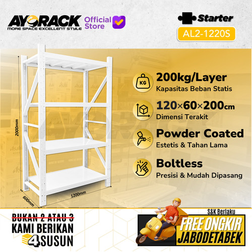 RAK GUDANG BESI AYORACK AL2-1220S 200KG - 2 METER 4 SUSUN PANJANG 1.2M - STARTER