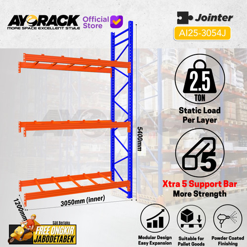 RAK PALET 2.5 TON AYORACK AI25-3054S W12 TINGGI 5.4 METER - RACK PALLET PANJANG 3 METER - RAK GUDANG HEAVY DUTY PALLET RACKING LEBAR 120CM - STARTER
