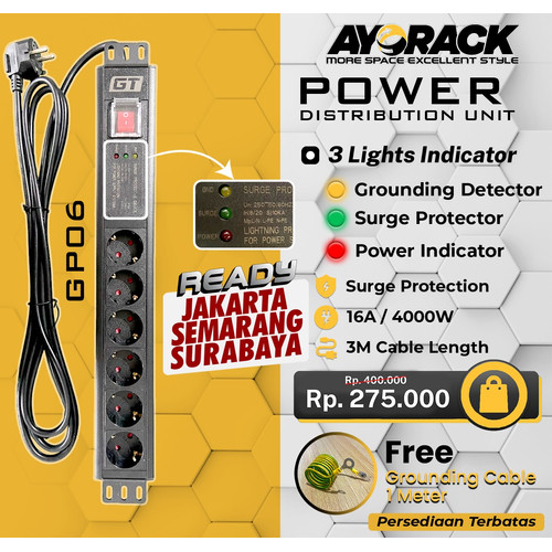 PDU 6 OUTLET 16A 4000W PDU GT RACK GP06 GERMANY OUTLET - STOP KONTAK COLOKAN LISTRIK MEJA KANTOR DAPUR RUMAH KAMAR KABEL 3 METER POWER DISTRIBUTION UNIT 6 LUBANG