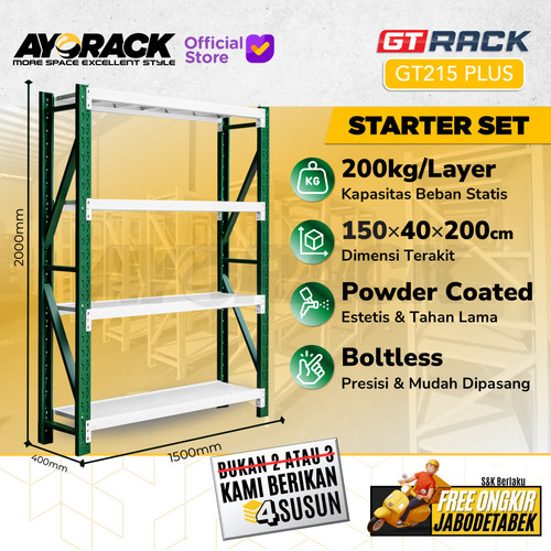 RAK GUDANG BESI GT RACK GT215 PLUS 2 METER 4 SUSUN LEBAR 40CM P 1.5 M - STARTER
