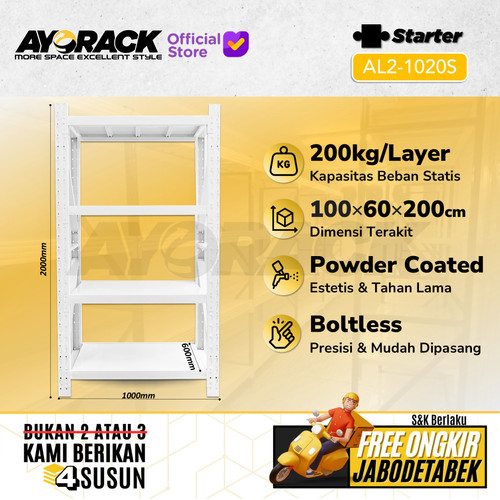 RAK GUDANG BESI AYORACK AL2-1020S 200KG - 2 METER 4 SUSUN PANJANG 1 M - STARTER