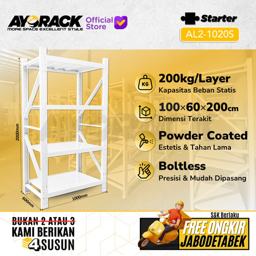 RAK GUDANG BESI AYORACK AL2-1020S 200KG - 2 METER 4 SUSUN PANJANG 1 M - STARTER