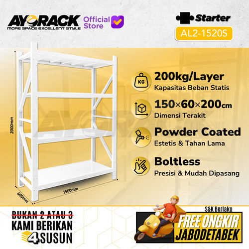 RAK GUDANG BESI AYORACK AL2-1520S 200KG - 2 METER 4 SUSUN PANJANG 1.5M