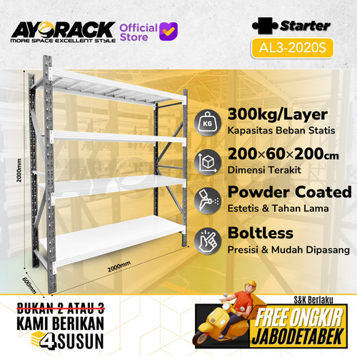 RAK GUDANG BESI 4 TINGKAT 2 METER AYORACK AL3-2020S LIGHT DUTY 300KG - STARTER