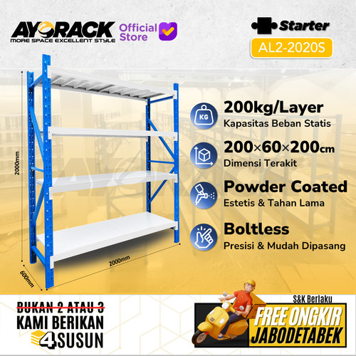 RAK GUDANG BESI 2 METER 4 SUSUN AYORACK AL2-2020S LIGHT DUTY 200KG - STARTER