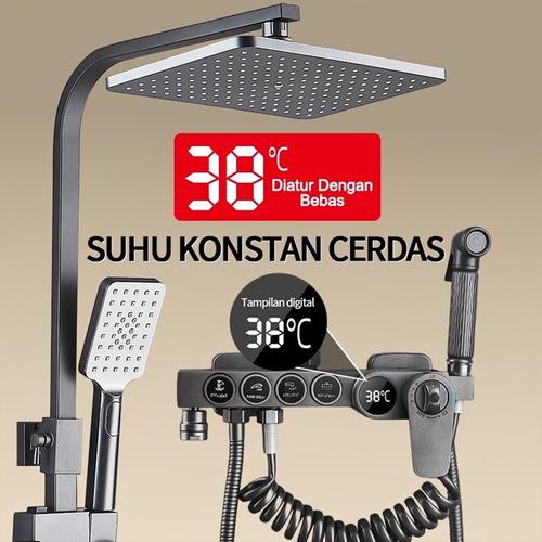 Shower Kamar Mandi 4 Dalam 1 tampilan digital suhu konstan Set Shower Dengan Faucet Sprayer Faucet Panas Dan Dingin Set Kamar Mandi Besi Tahan Karat Hitam - hitam+suhu konstan