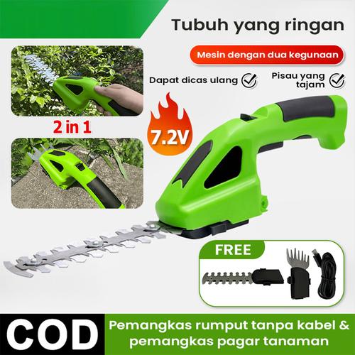 Pemangkas rumput dan semak tanpa kabel 7.2V, pemangkas pagar yang dapat diisi ulang 2-dalam-1, pemangkas listrik - hijau