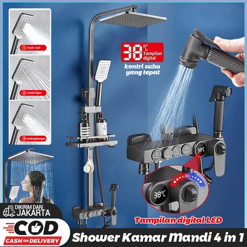 Set Shower dengan Bidet Sprayer - Shower Kamar Mandi Panas Dingin dan Praktis / Pancuran Shower dan semprotan air bertekanan tinggi - hitam + suhu konstan