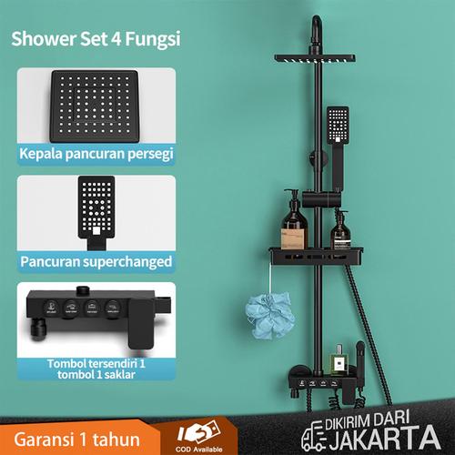 Shower dengan tombol emas hitam/set shower lengkap kamar mandi rumah /shower persegi kecil hitam canggih - 4 tombol（instock）