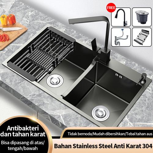 Wastafel stainless steel 304/wastafel dapur hitam/set wastafel dapur stainless steel multifungsiwastafel dengan keran yang bisa disesuaikan - 201 two slots