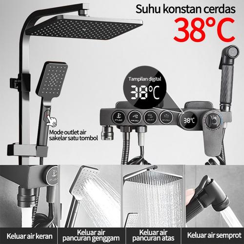 Shower Kamar Mandi 4 Dalam 1 Set Dengan Sprayer  Faucet Sprayer / digital suhu konstan Set / Set Kamar Mandi Besi Tahan Karat Hitam - suhu konstan