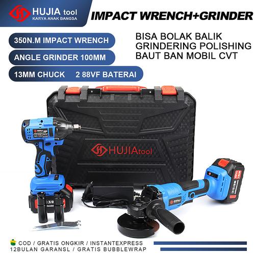 HUJIA Cordless Impact Wrench + Gerinda Mesin Pembuka Baut Ban Roda Mobil Motor Cvt Angle Grinder Brushless Gurinda 2 baterai ​Dengan aksesoris 88V 2521+2221 Torsi