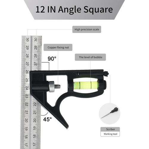 JLD Penggaris Siku L 12INCH/30CM Waterpass Kombinasi Square Ruler Sudut Presisi Air Geser Serbaguna Alat Ukur Tukang