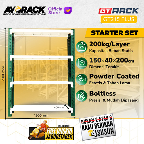 RAK GUDANG BESI GT RACK GT215 PLUS 2 METER 4 SUSUN LEBAR 40CM P 1.5 M - STARTER