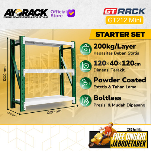 RAK GUDANG BESI GT RACK GT212 MINI – WAREHOUSE RACK 200KG TINGGI 3 SUSUN 1.2 METER LEBAR 40CM PANJANG 1.2M - STARTER