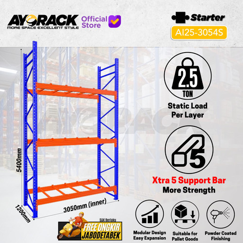 RAK PALET 2.5 TON AYORACK AI25-3054S W12 TINGGI 5.4 METER - RACK PALLET PANJANG 3 METER - RAK GUDANG HEAVY DUTY PALLET RACKING LEBAR 120CM - STARTER