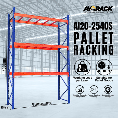 RAK PALET 2 TON AYORACK AI20-2540S W12 4 METER - RACK PALLET PANJANG 250CM - HEAVY DUTY PALLET RACKING LEBAR 120CM - STARTER
