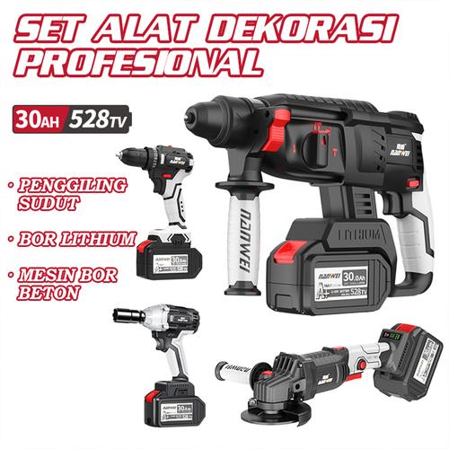 NANWEI Bor Bobok Baterai Cordless Rotary Hammer/Bor Beton Mpact Wrench/Mesin Gerinda Tangan 4 dalam 1 set alat - hitam