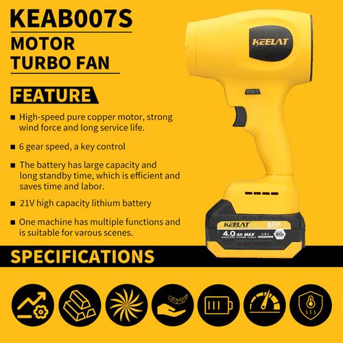 【KEELAT KEAB007S】TURBO JET BLOWER JET FAN 20V Penyesuaian 6-kecepatan Daya Besar Pengering Angin Mesin Pengering Mobil Pembersih Debu Penghembus Daun Untuk Outdoor - 2*6.0ah Set