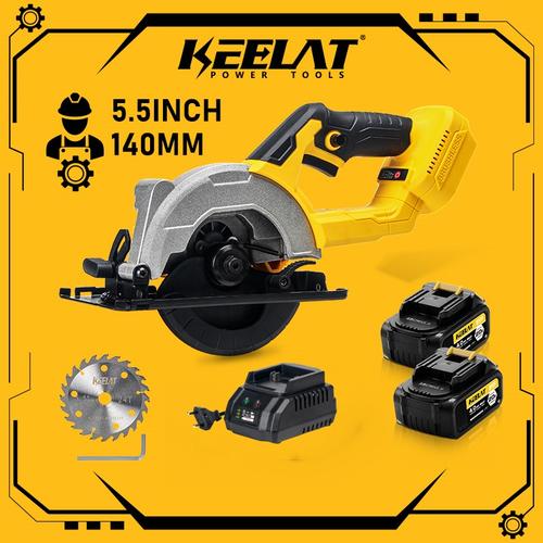 【KEELAT】5.5" Mesin Gergaji Potong Kayu Cordless Circular Saw Electric Wood Plastic Marble Cutter Electric Saw Brushless 0-45Adjustable Electric Saw MT  Batteries Logam - 5.5"Yellow+4.0Ah*1