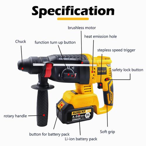 【KEELAT-Garansi 12 Bulan】 Cordless Heavy Rotary Impact  Drill  Mesin Bor Beton  Electric Brushless  Screwdriver Gerudi Tukul Concrete Breaker Torsi hammer - Yellow + 2*Battery-A