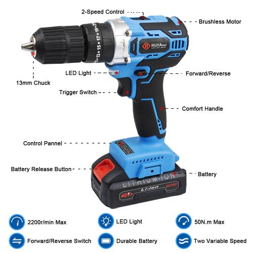 HUJIA BISA COD!!! Mesin bor baterai 48VF Brushless Cordless Drill 13mm Chuck Tanpa Kunci 25+3 Chuck Variabel Speed Bor With 2 baterai/charger - fullset 2021