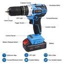 HUJIA BISA COD!!! Mesin bor baterai 48VF Brushless Cordless Drill 13mm Chuck Tanpa Kunci 25+3 Chuck Variabel Speed Bor With 2 baterai/charger - fullset 2021
